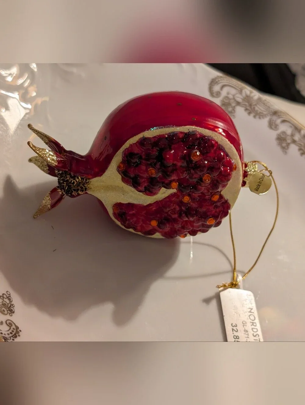 Glass Red Pomegranate Holiday Ornament with Sparkle